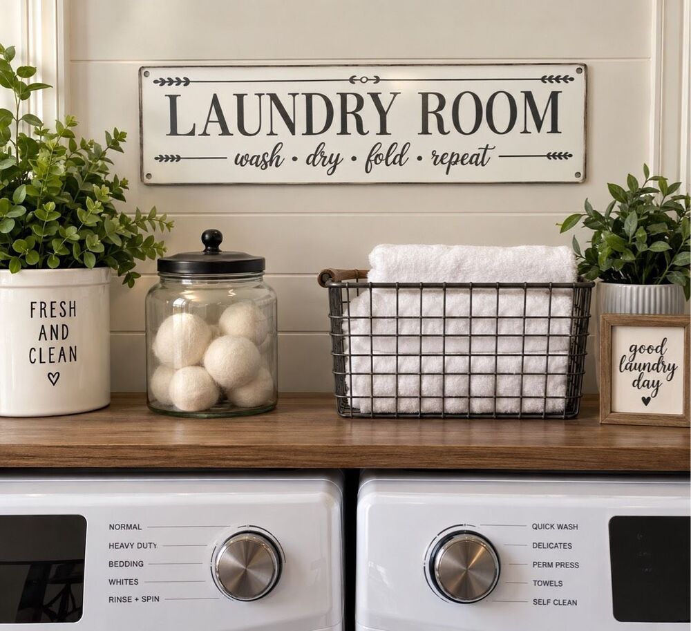 Laundry Room Metal Sign 4x16 Wash Dry Fold Repeat Farmhouse Decor New